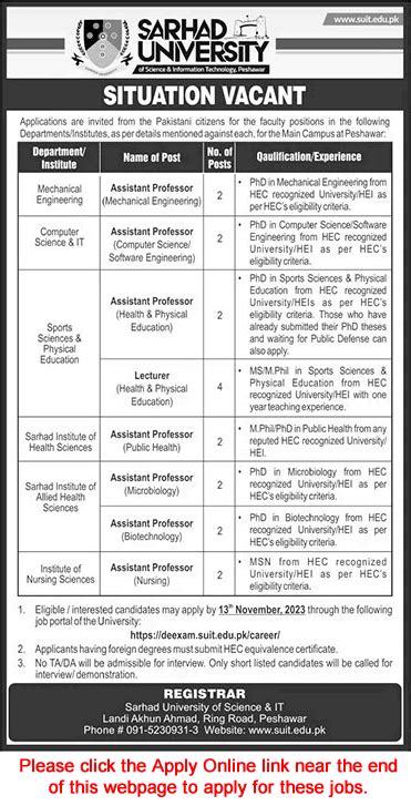 Sarhad University Peshawar Jobs 2023 November Apply Online Teaching Faculty SUIT Latest in ...