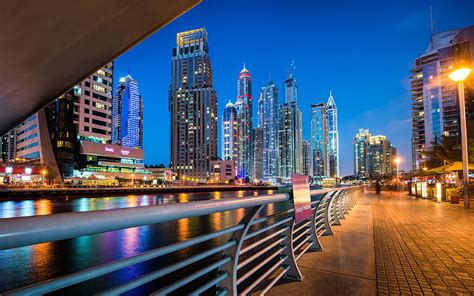 Sonnenuntergang Blumen Palmen Geb Ude Dubai Nachtstadt Dubai