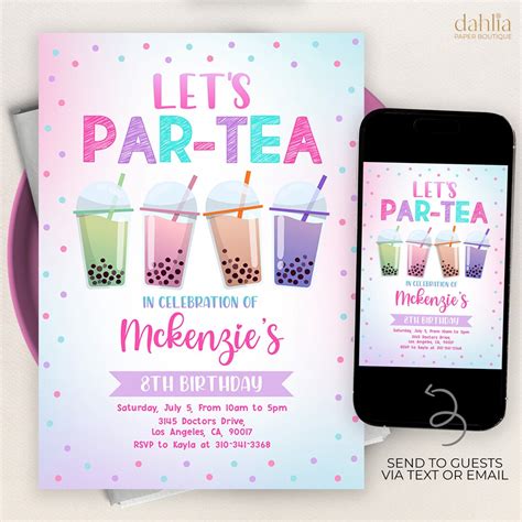 Boba Tea Birthday Invitation Editable Boba Par Tea Birthday Invitation