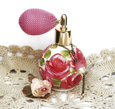 Painted Pink Rose Glass Perfume Atomizer Bottle Romantic Etsy