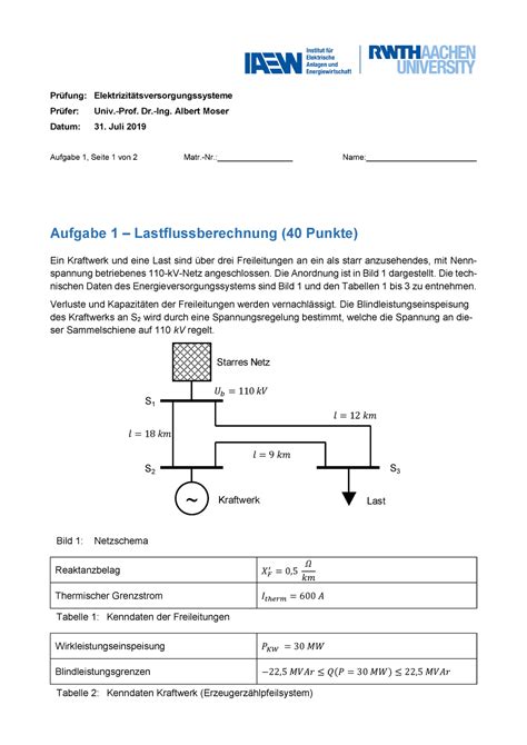 19 h Aufgabe EVS Klausur Prüfung Elektrizitätsversorgungssysteme