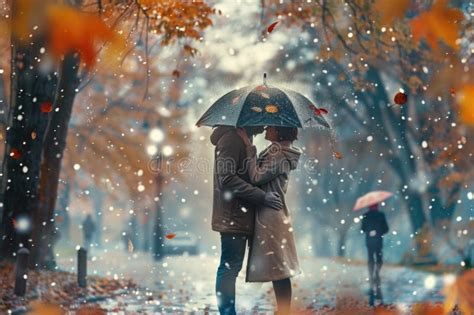 A Couple Kissing Under An Umbrella In The Rain As Autumn Leaves Fall