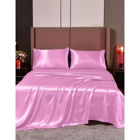 Cloud Fino Luxurious Satin Bed Sheets Pink Silk Sheets Twin Deep Pocket Sheet 4 Piece