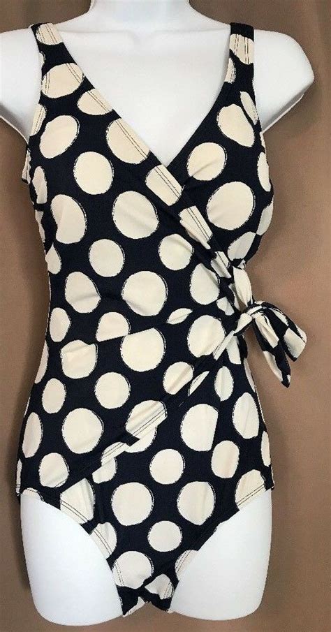 Jantzen Blue Off White Polka Dot One Piece Swimsuit Size 8 Faux Wrap