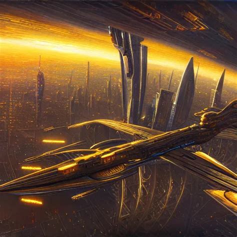 Cyberpunk Starship Soaring Over City Atmospheric Stable Diffusion