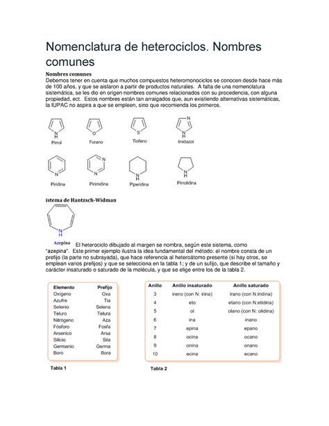 Nomenclatura De Heterociclo 1 Nombres Comunes Nombres Comunes Debemos