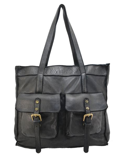 Bolso Tote Unisex Negro En Piel Lavada Nash IBAGS BELTS