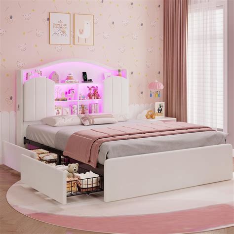 Full Size Girls Bed Frame With 4 Drawers And Storage Headboard Led