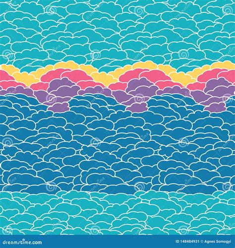 Abstract Blue Sky With Clouds At Sunset Vector Seamless Pattern