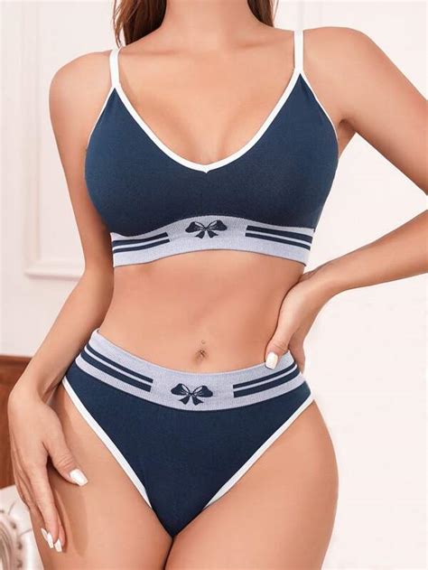 Bow Print Contrast Binding Lingerie Set Shein Usa