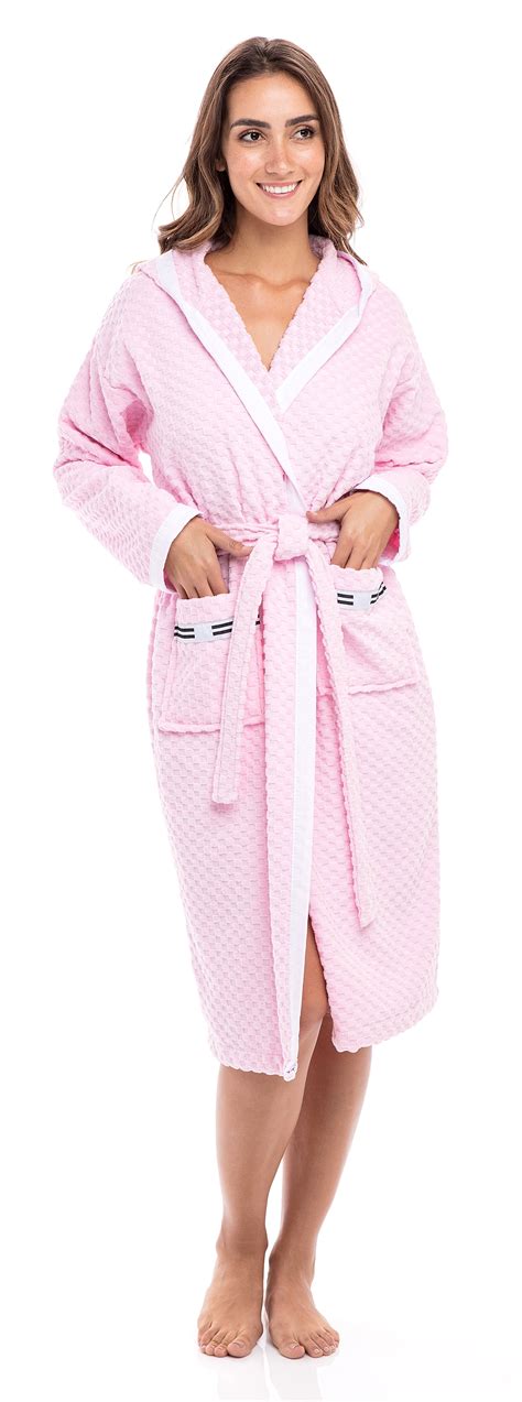 Womens Waffle Weave Robe Ladies Hooded Bathrobe 100 Terry Cotton Spa