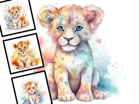 4 Watercolor Baby Lion Illustration Nursery Art Commercial Use Digital ...