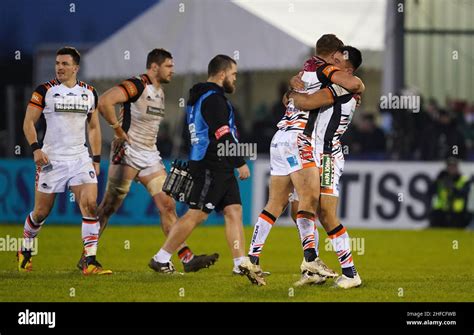 Leicester Tigers' Dan Kelly (right) and Jack van Poortvliet celebrate at the final whistle after ...