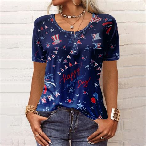 Seniver 4Th Of July Tops Women S New Button V Neck Short Sleeve