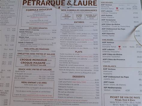 Menu Au Restaurant Pétrarque Et Laure Fontaine De Vaucluse