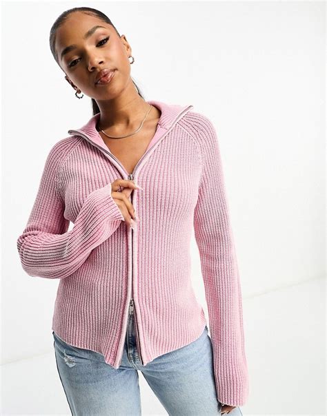 Monki Ribbed Knitted Two Way Zip Cardigan In Pink Asos In 2024 Zip