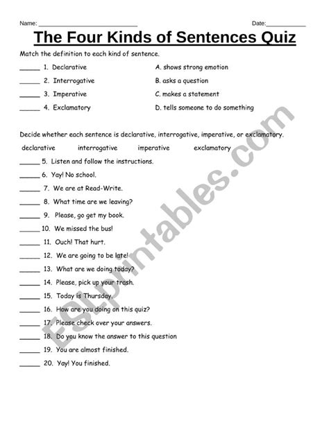 The Four Kinds Of Sentences Quiz Esl Worksheet By Nanamouallem