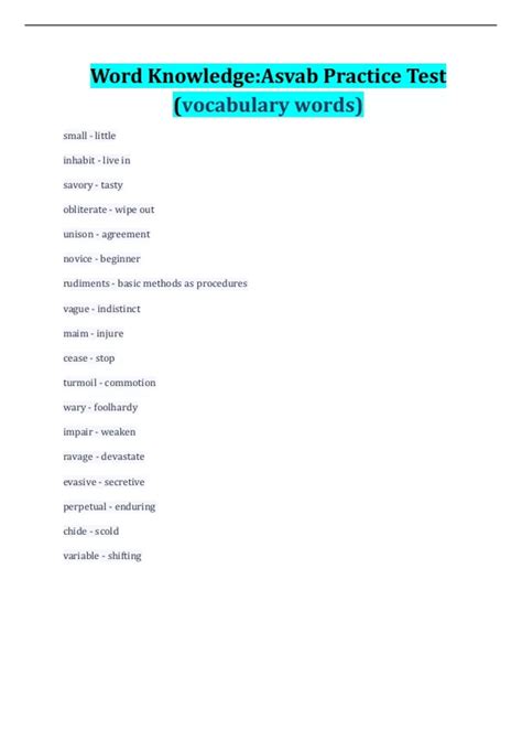 Word Knowledge:Asvab Practice Test (vocabulary words) - ASVAB - Stuvia US