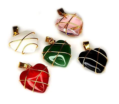 Wire Wrapped Glass Heart Pendant Gold Assorted Mm Incl Bail