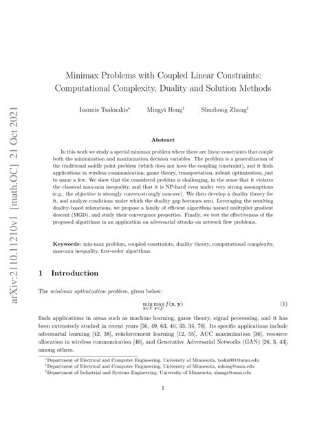 Pdf Minimax Problems With Coupled Linear Constraints Computational