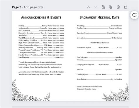 Floral LDS Sacrament Meeting Template Bi Fold Customizable And