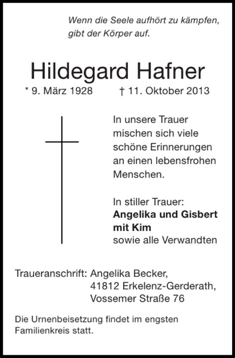 Traueranzeigen Von Hildegard Hafner Aachen Gedenkt