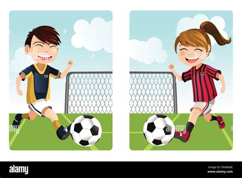 Una ilustración vectorial de un niño y una niña jugando fútbol