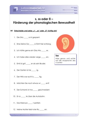 Arbeitsblatt S Ss Oder F Rderung Der Phonologischen Bewusstheit