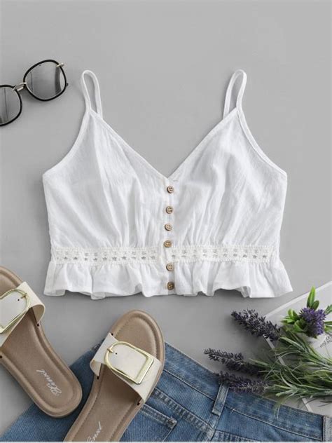 28 OFF HOT 2019 Button Up Crochet Panel Shirred Cami Top In WHITE