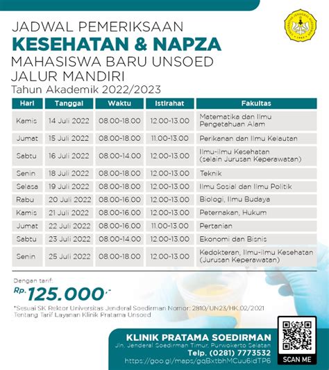 Jadwal Pelayanan Tes Kesehatan Dan Napza Mahasiswa Baru Unsoed Jalur