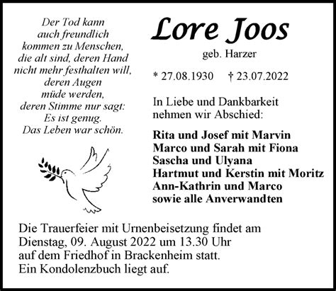 Traueranzeigen Von Lore Joos Trauerundgedenken De