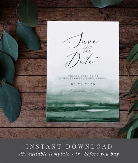 Emerald Watercolor Save The Date Printable Editable Template Etsy