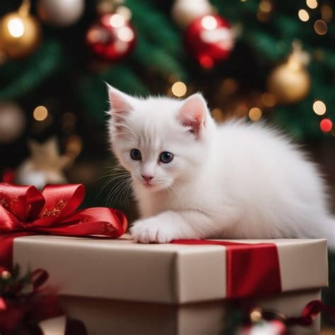 Premium Ai Image White Kitten On A Christmas Present