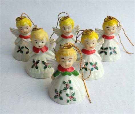 6 Vintage Made In Japan Ceramic Angel Bell Ornament Mid Century Japan