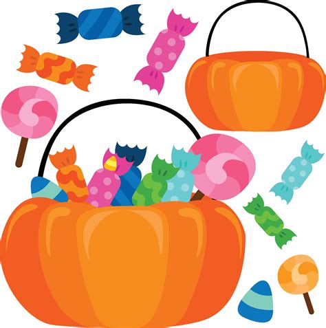 Cute Halloween Candy In Pumpkin Basket Cartoon Illustration Vector Clipart Sticker 26583330