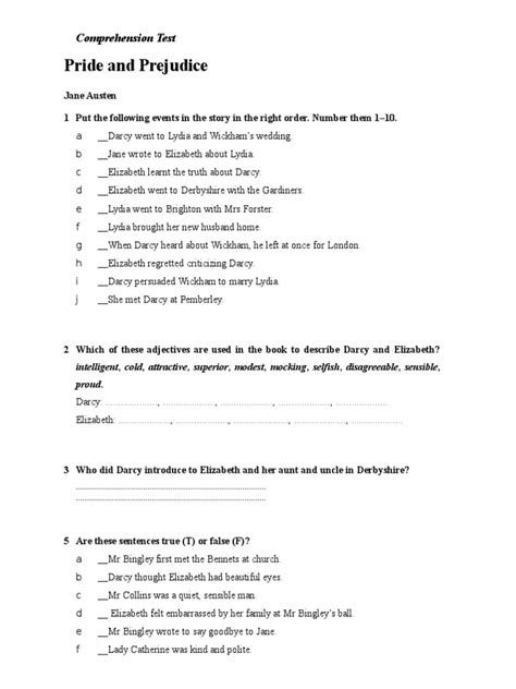 pride  prejudice comprehension test  pride  prejudice