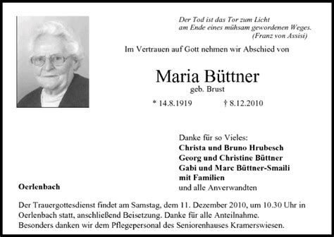 Maria B Ttner Traueranzeige Trauer Infranken De