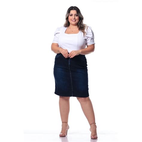 Saia Secretaria Allmaria Plus Size Shyros Jeans Azul Escuro Submarino