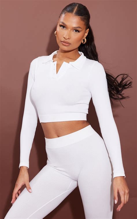 White Contour Rib Collar Long Sleeve Crop Top Tops