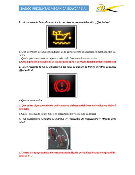 Banco Mec Nica B Deber Si Se Enciende La Luz De Advertencia Del
