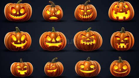 Set of Smiling Pumpkin Drawings for Halloween with Glowing Eyes AI ...