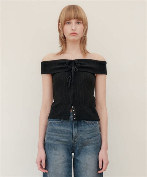 MUSINSA YUSE STRING OFF SHOULDER TOP BLACK