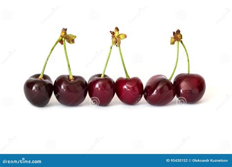 Three Couples Of Connected Cherries With A Stem In A Raw Stock Photo