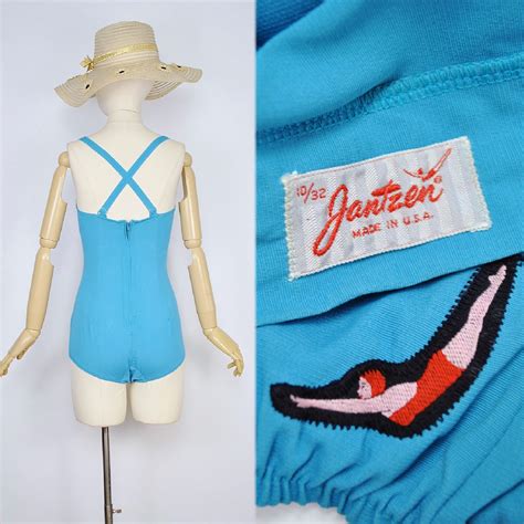 Vintage 1950s Jantzen Swimsuit 50s Turquoise Blue Stripe Etsy