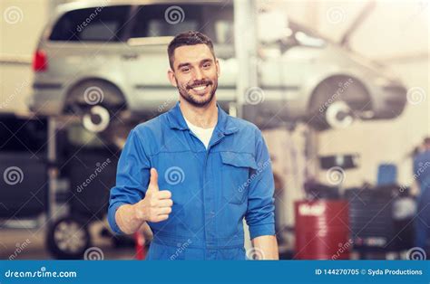 Happy Auto Mechanic Man Or Smith At Car Workshop Stock Image Image Of