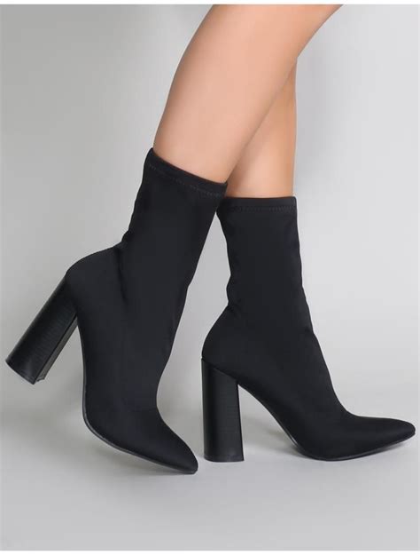 Libby Flared Heel Sock Fit Ankle Boots In Black Stretch Black