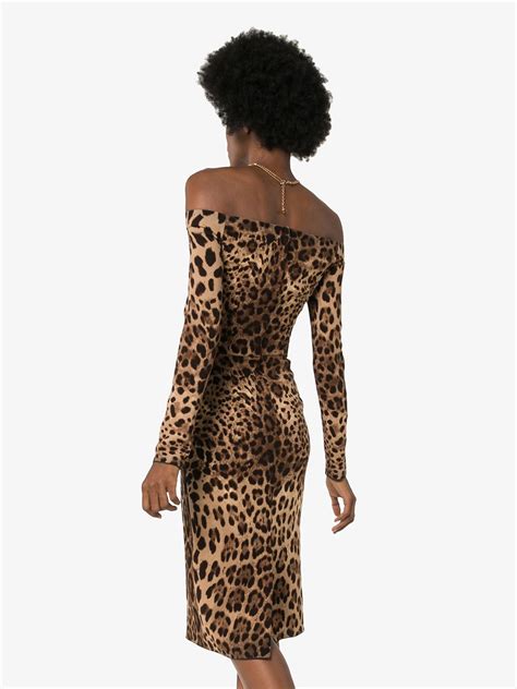 Dolce And Gabbana Off The Shoulder Leopard Print Midi Dress Brown Farfetch