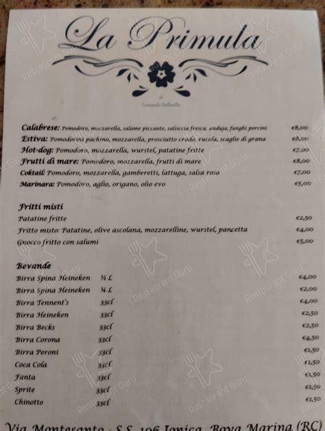 Carta De Ristorante La Primula Bova Marina