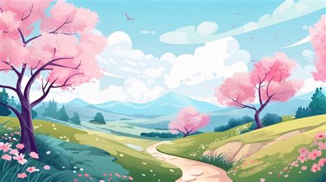 Premium Photo | Spring outdoor natural scenery cartoon illustration ...