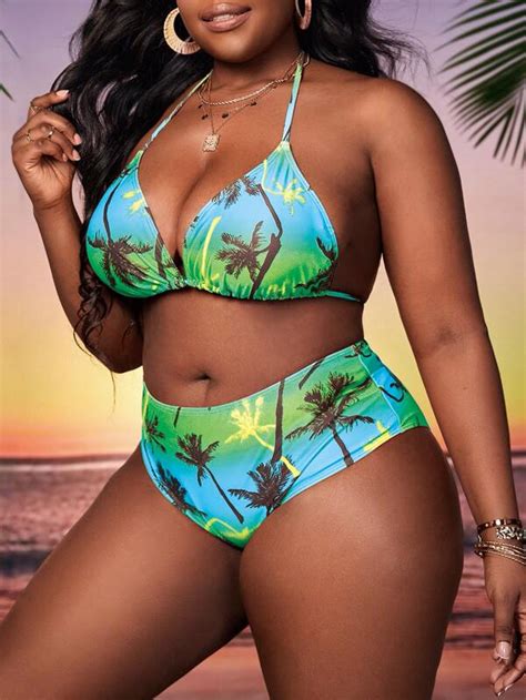 Plus Tropical Print Halter Triangle Bikini Swimsuit With Cover Up